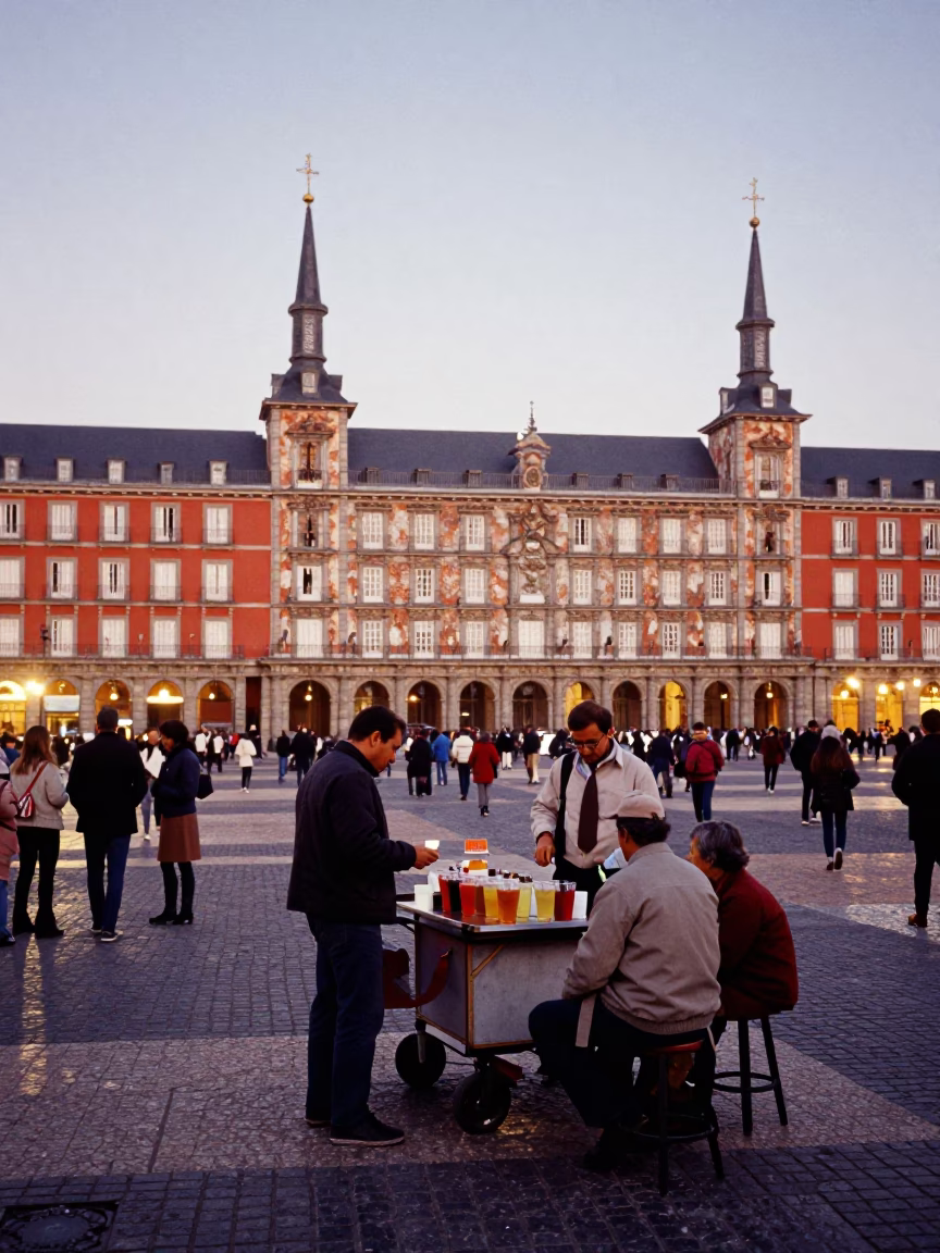 Busy Madrid Plaza at Dusk with Street Vendor and Condensation on Glass in in Madrid, Spain