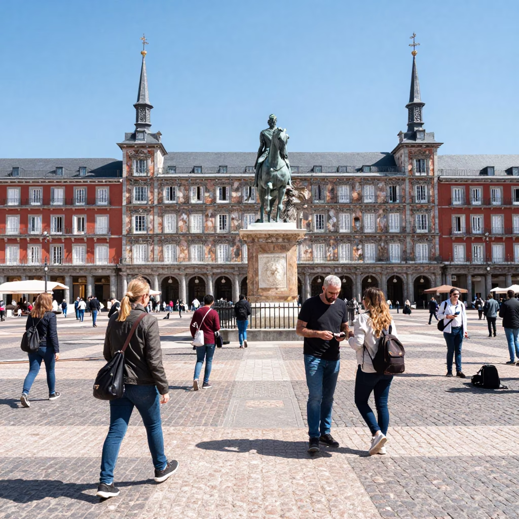 Busy Madrid Plaza at Noon with Tourists and Street Vendors in in Madrid, Spain