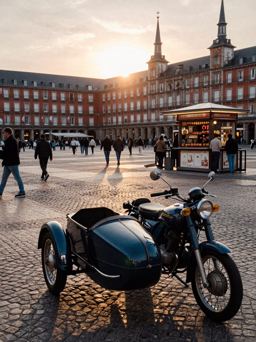 Busy Madrid Plaza at Sunset with Vintage Motorcycle Sidecar and Spanish Churros in in Madrid, Spain
