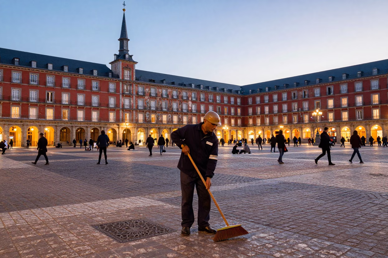 Busy Madrid Plaza Early Evening with Broom and Deck Chair Candid Street Scene in in Madrid, Spain