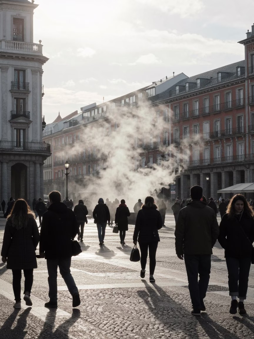 Busy Madrid Plaza Early Morning Street Scene with Steam Locomotive Bridge and Local Life in in Madrid, Spain