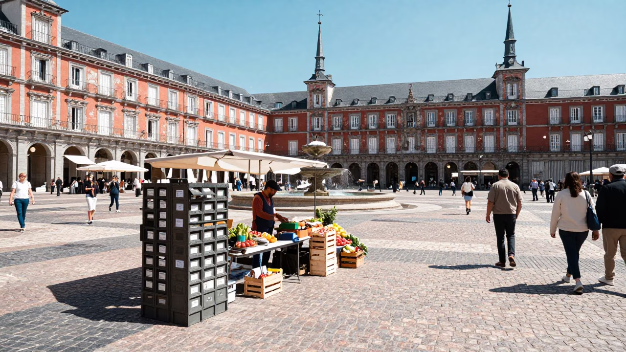 Busy Madrid Plaza Midday Scene with File Box and Vintage 1950s Spanish Street Life in in Madrid, Spain