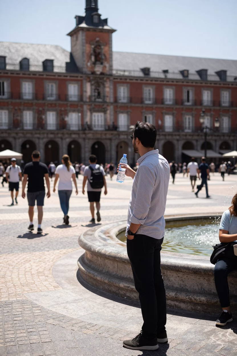 Busy Madrid Plaza Midday Scene with Water Bottle and Smudged Mirror in in Madrid, Spain