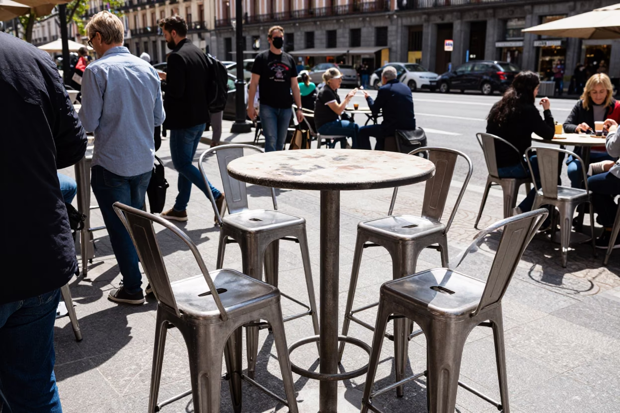 Busy Madrid Plaza Midday Street Scene with Bar Stools and Local Dining in in Madrid, Spain