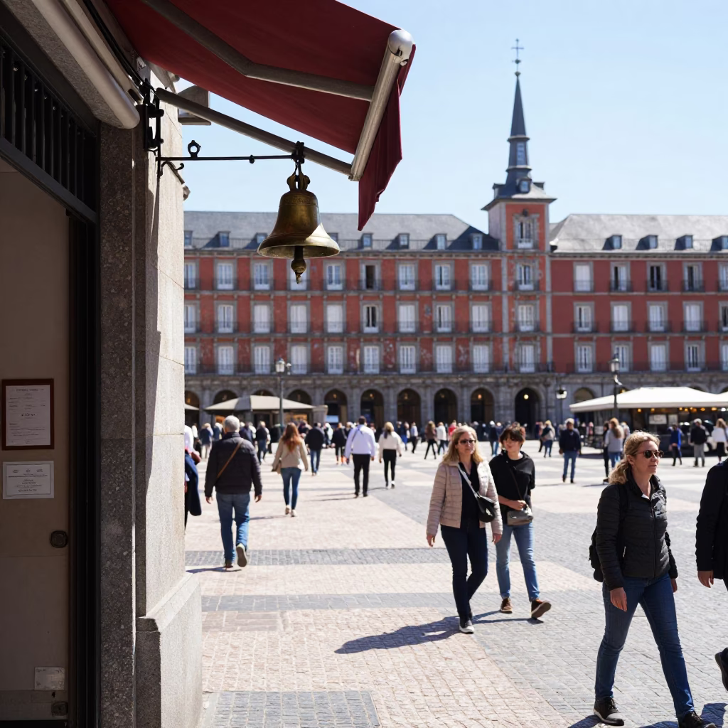 Busy Madrid Plaza Midmorning Street Scene with Bell and Door Mats in in Madrid, Spain