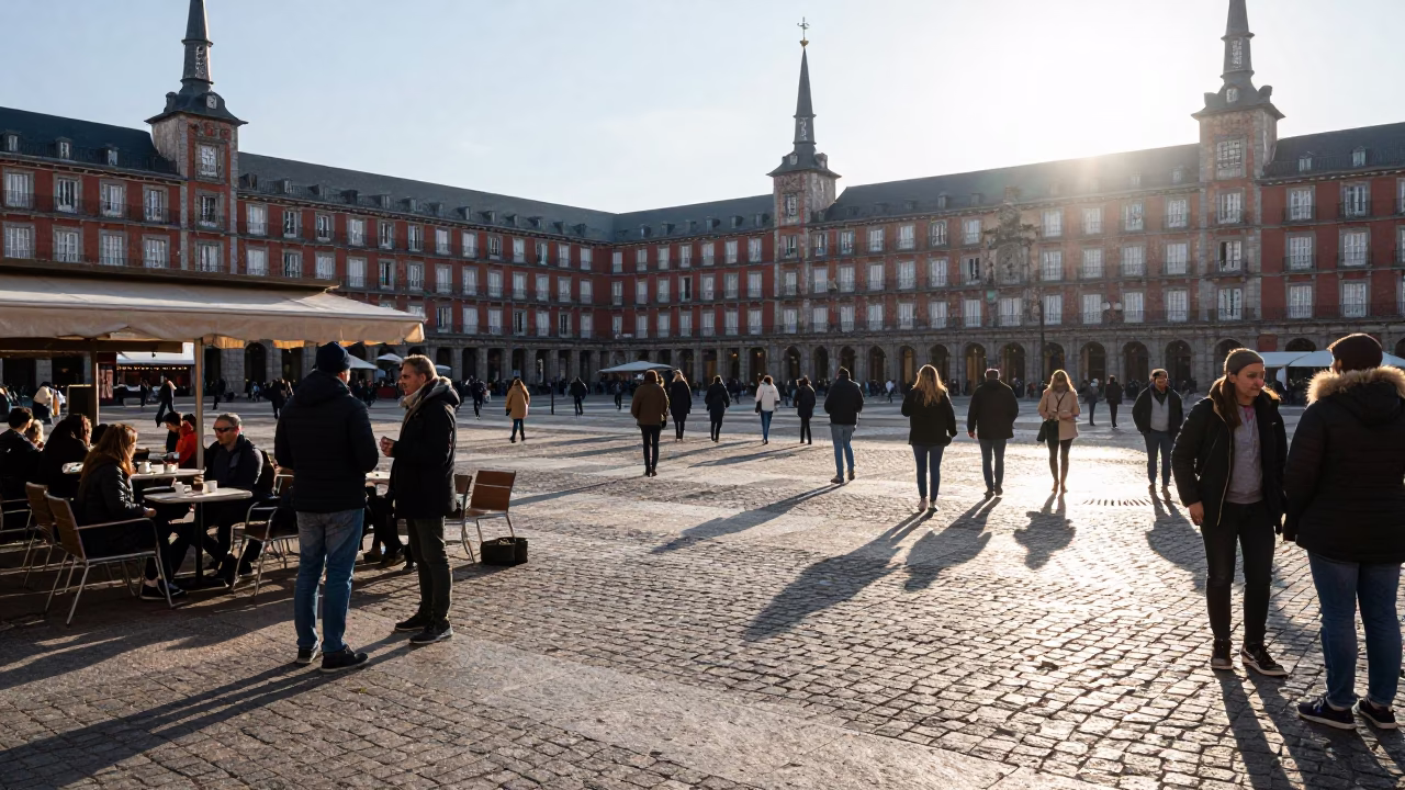 Busy Madrid Plaza Morning Street Scene with Coffee Cups and Tourists at Sunrise in in Madrid, Spain