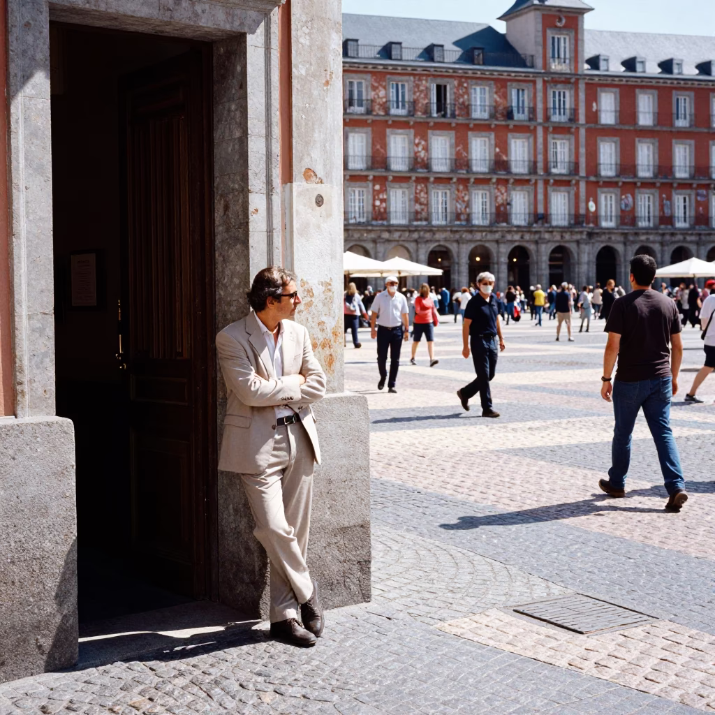 Busy Madrid Plaza Noon Scene with Latch and Grease Sheen in 1950s Spain in in Madrid, Spain