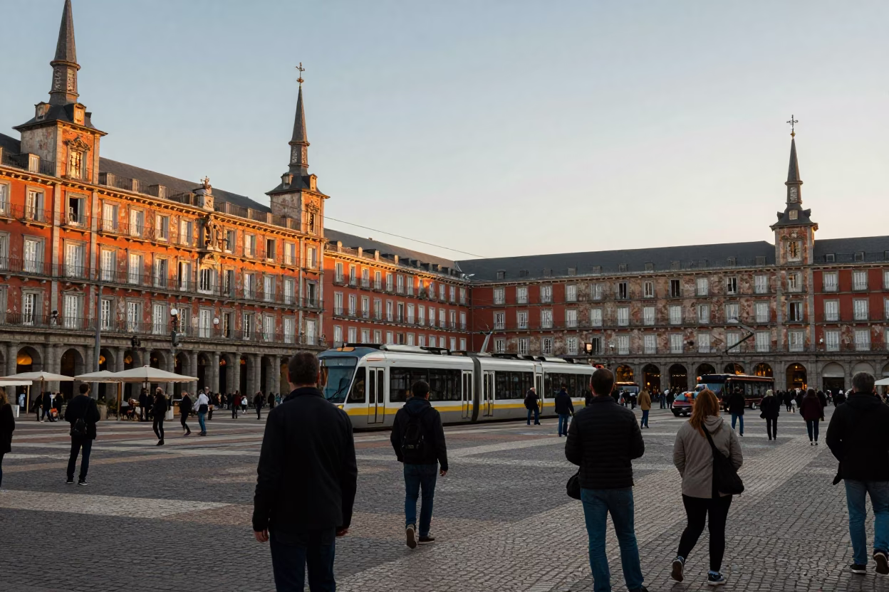 Busy Madrid Plaza Scene Late Afternoon with Funicular and Street Food Vendor in in Madrid, Spain