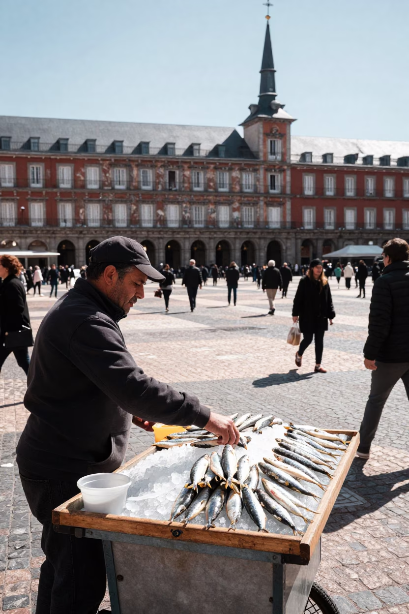 Busy Madrid Plaza Scene Under Flat Noon Glare with Spanish Street Life in in Madrid, Spain