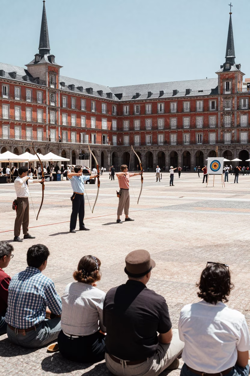 Busy Madrid Plaza Scene Under Flat Noon Glare With Traditional Archery And Brooms in in Madrid, Spain