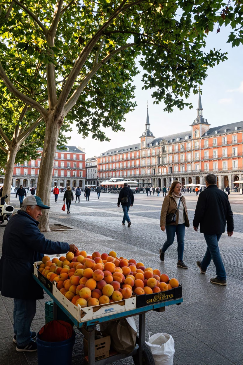 Busy Madrid Plaza Scene with Apricots and Local Street Life in Late Morning Light in in Madrid, Spain