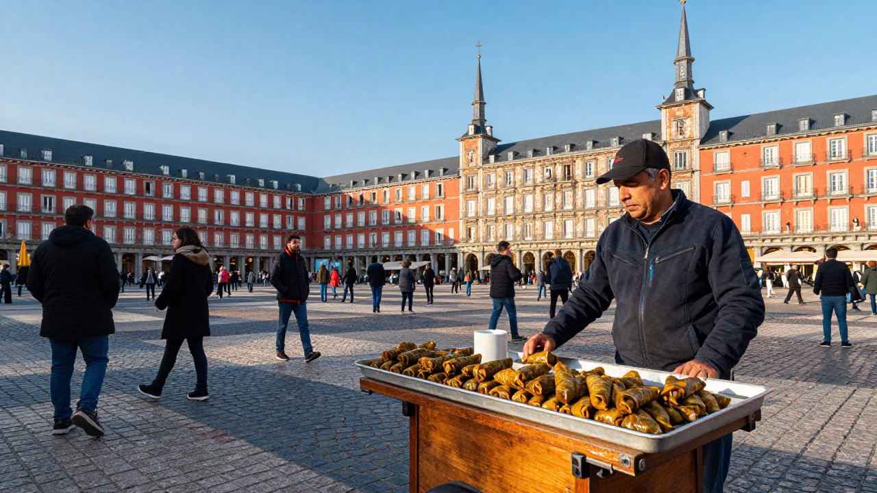 Busy Madrid Plaza Scene with Local Food and Traditional Transport in Late Afternoon in in Madrid, Spain