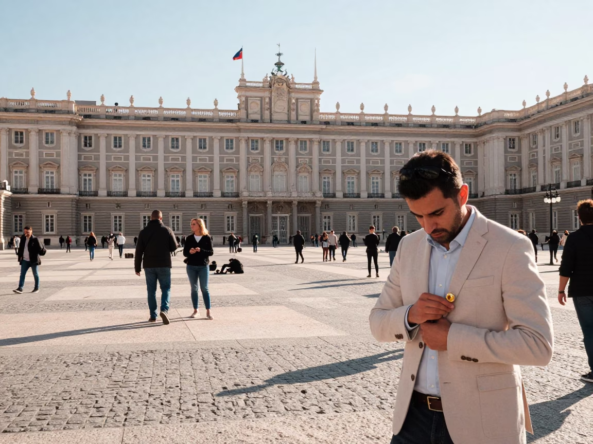 Busy Madrid Spain Street Scene Early Afternoon with Signet Ring and Handkerchief Details in in Madrid, Spain