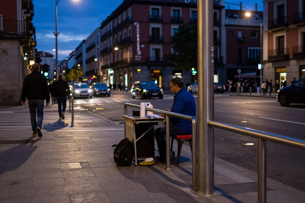 Busy Madrid street corner at indigo twilight with brushed steel rail and potted geraniums in in Madrid, Spain
