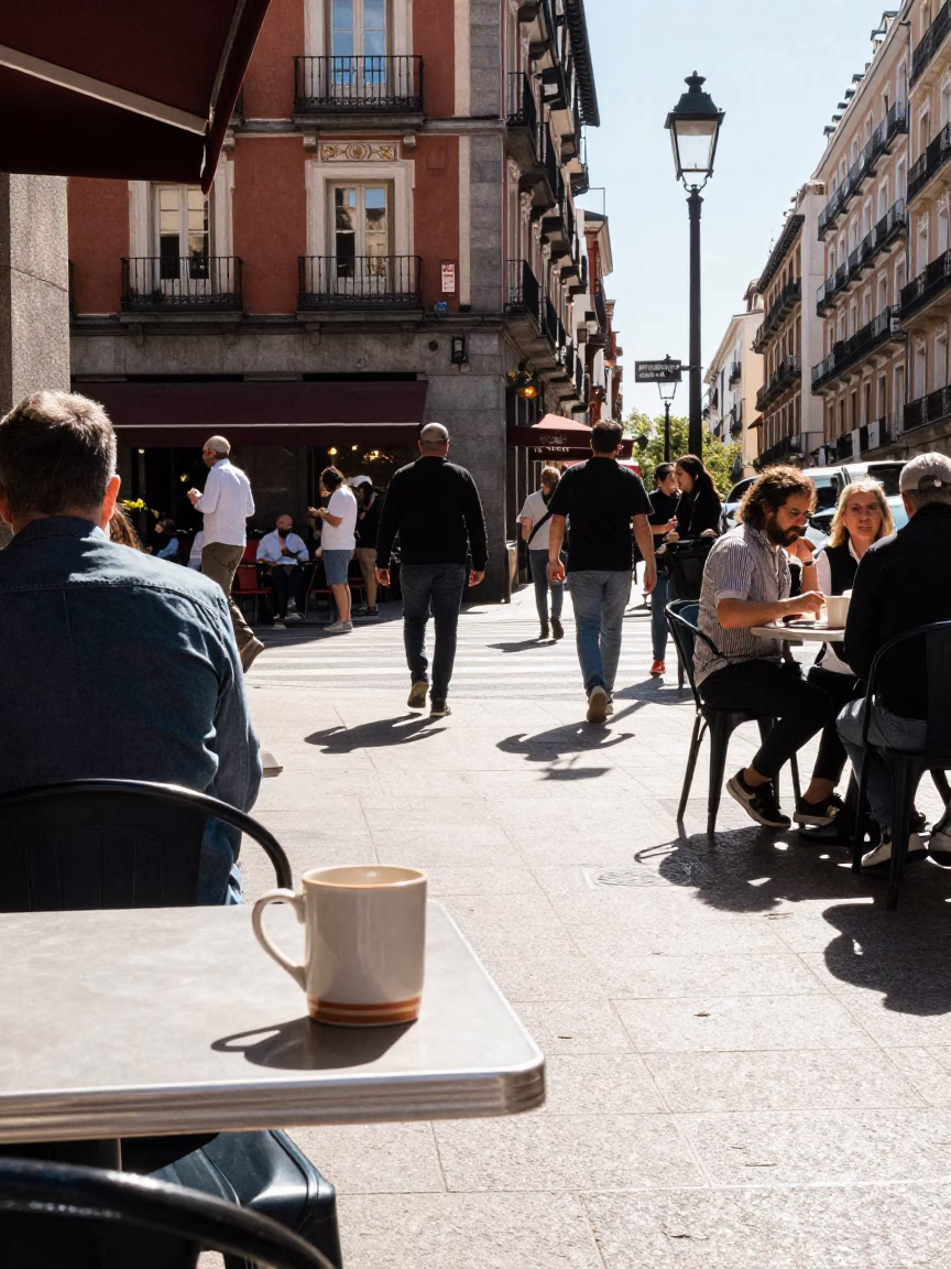 Busy Madrid Street Corner in Bright Midmorning Light with Mug and Window Smudges in in Madrid, Spain