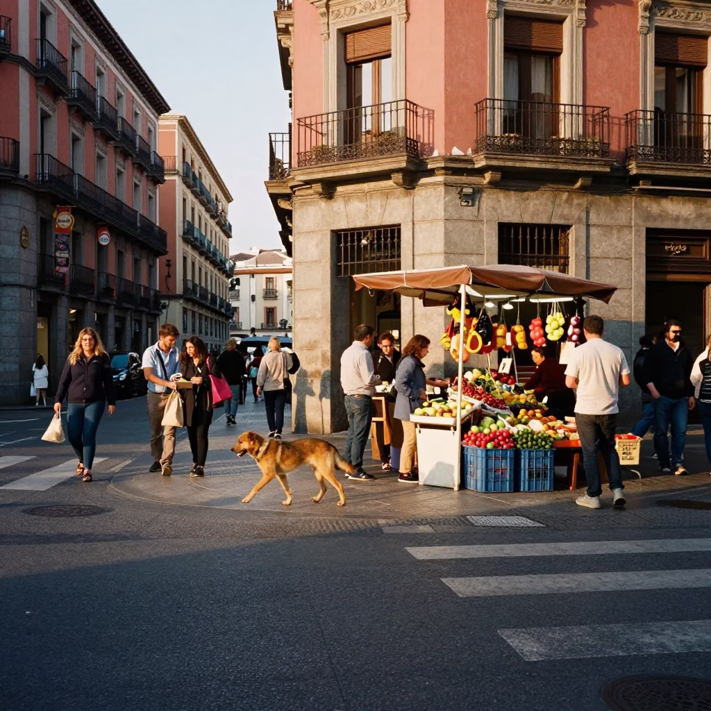 Busy Madrid Street Corner in Honeyed Evening Light with Local Details in in Madrid, Spain