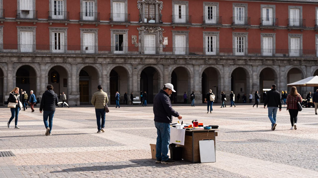 Busy Madrid Street Corner Midmorning Light with Local Vendor and Wooden Stool in in Madrid, Spain