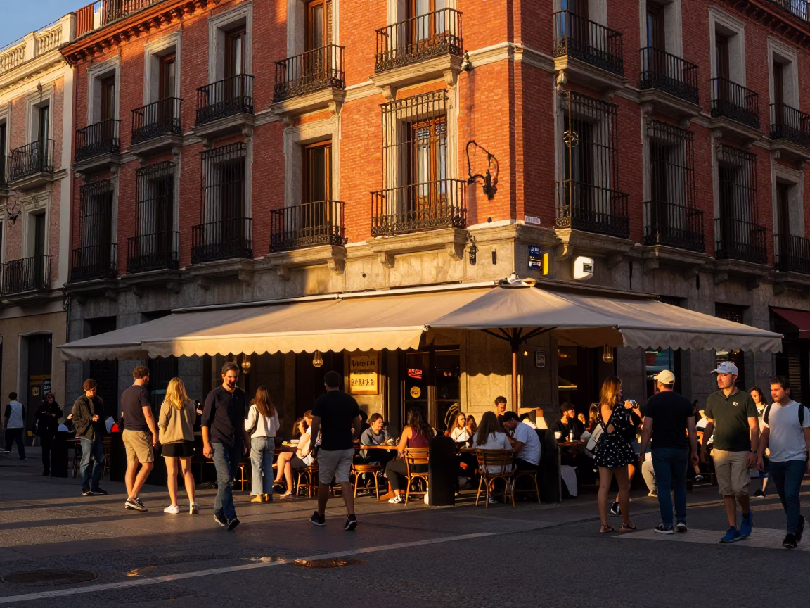 Busy Madrid street corner sunset scene with tourists and locals at outdoor cafe tables in in Madrid, Spain