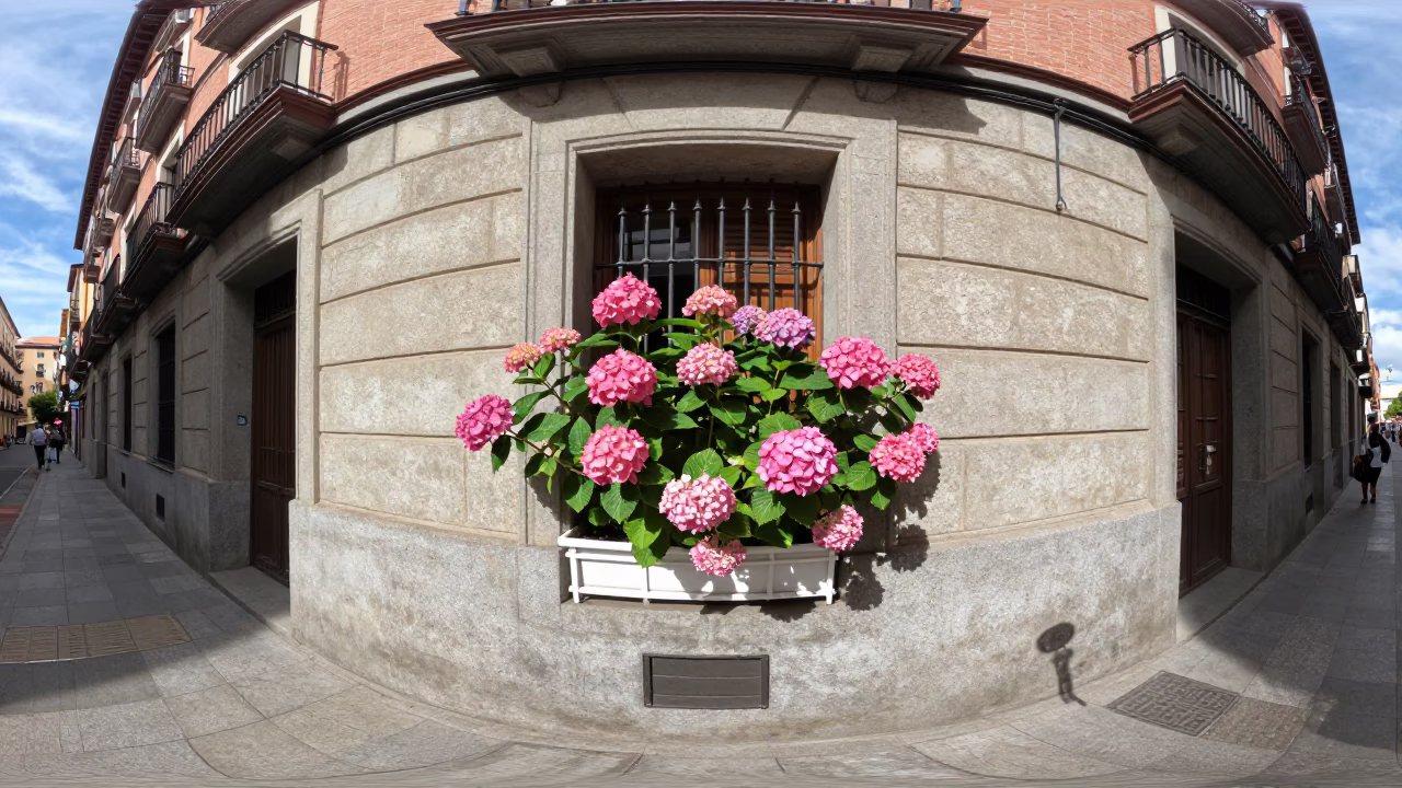 Busy Madrid Street Corner with Hydrangea Bush and Window Box in Late Morning Light in in Madrid, Spain