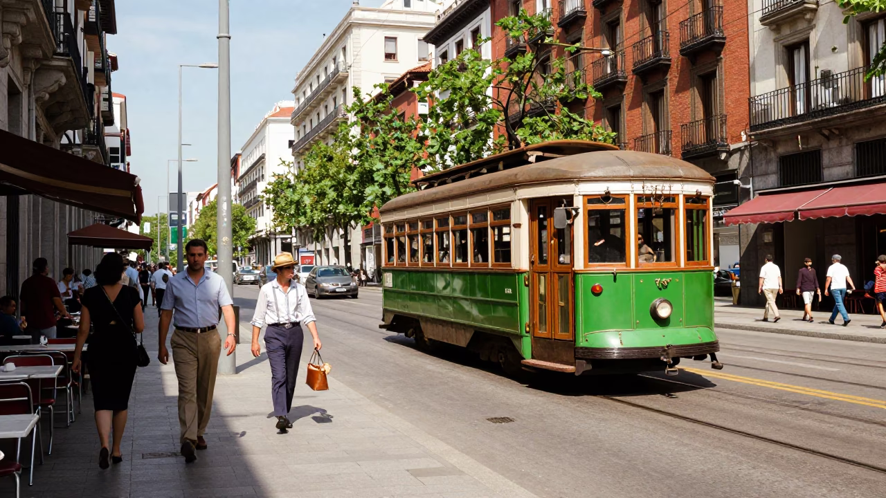 Busy Madrid Street Scene 1960s with Vintage Trolley and Local Cafe in in Madrid, Spain
