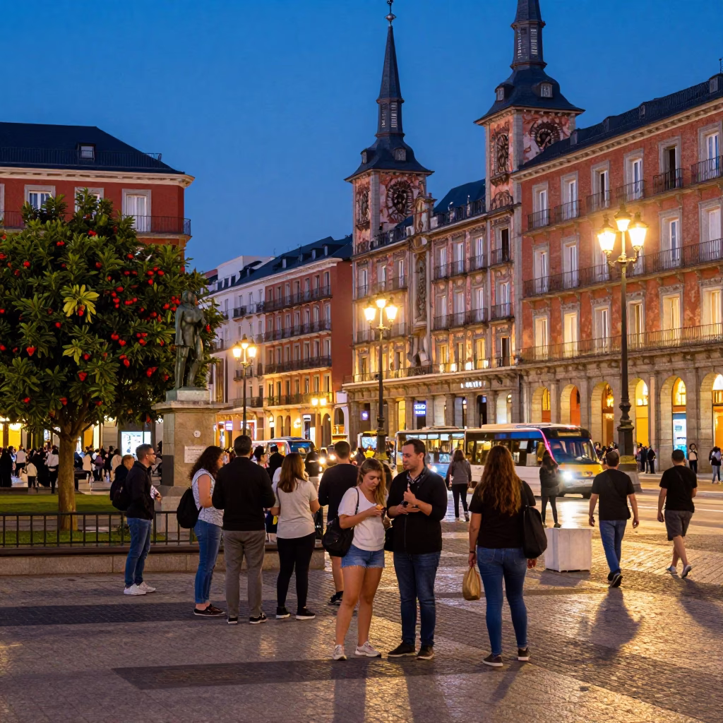 Busy Madrid Street Scene at Dusk with Tourists and Local Architecture in in Madrid, Spain