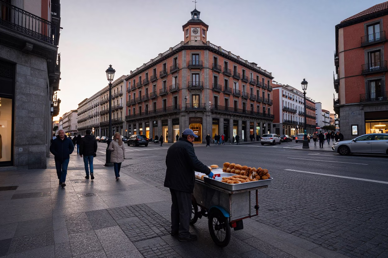 Busy Madrid Street Scene at First Light Dawn with Local Market Activity in in Madrid, Spain