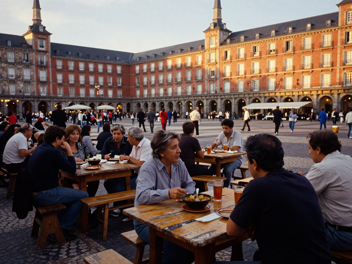 Busy Madrid Street Scene at Golden Hour with Traditional Spanish Stew and Local Life in in Madrid, Spain