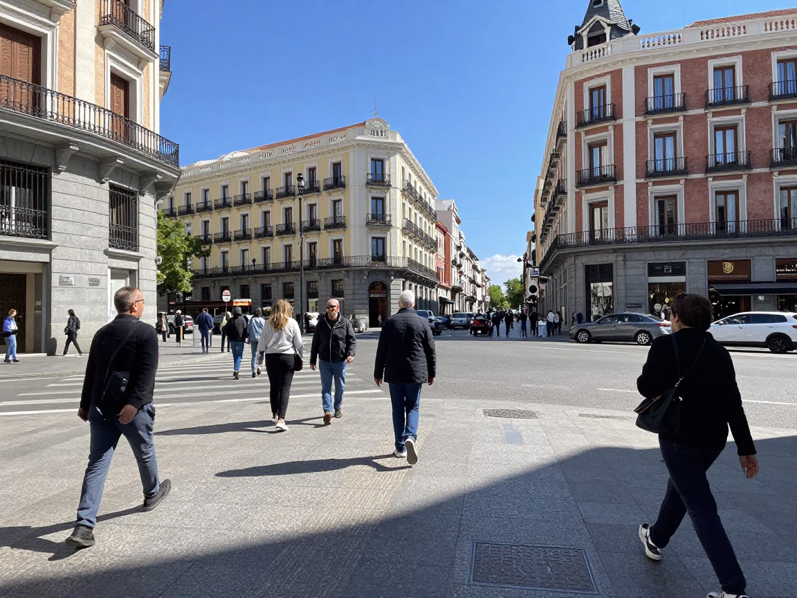 Busy Madrid Street Scene at Midday with Pedestrians and Traditional Architecture in in Madrid, Spain