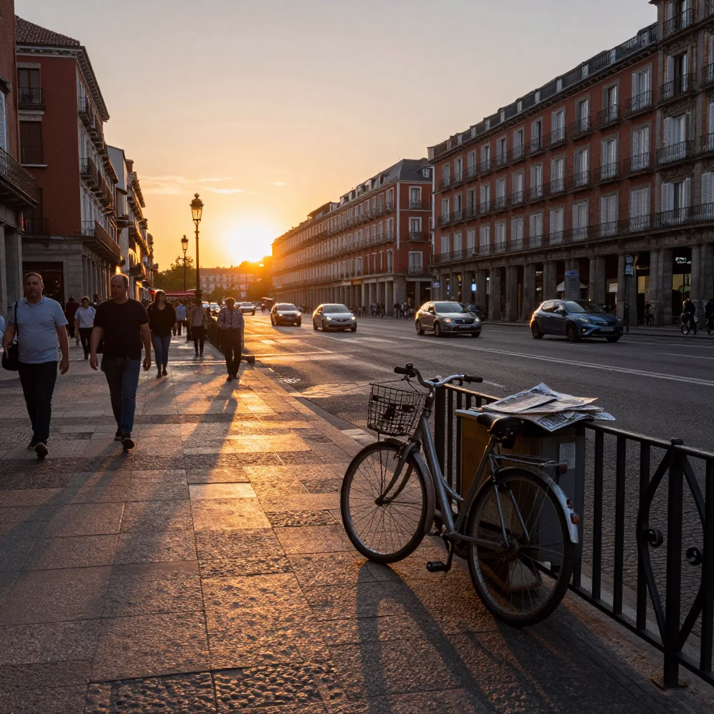 Busy Madrid Street Scene at Sunset with Bicycle and Scooter in in Madrid, Spain