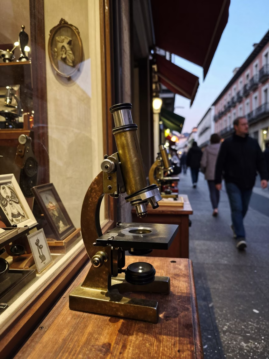 Busy Madrid Street Scene Before Dusk with Antique Microscope and Newspaper Stack in in Madrid, Spain