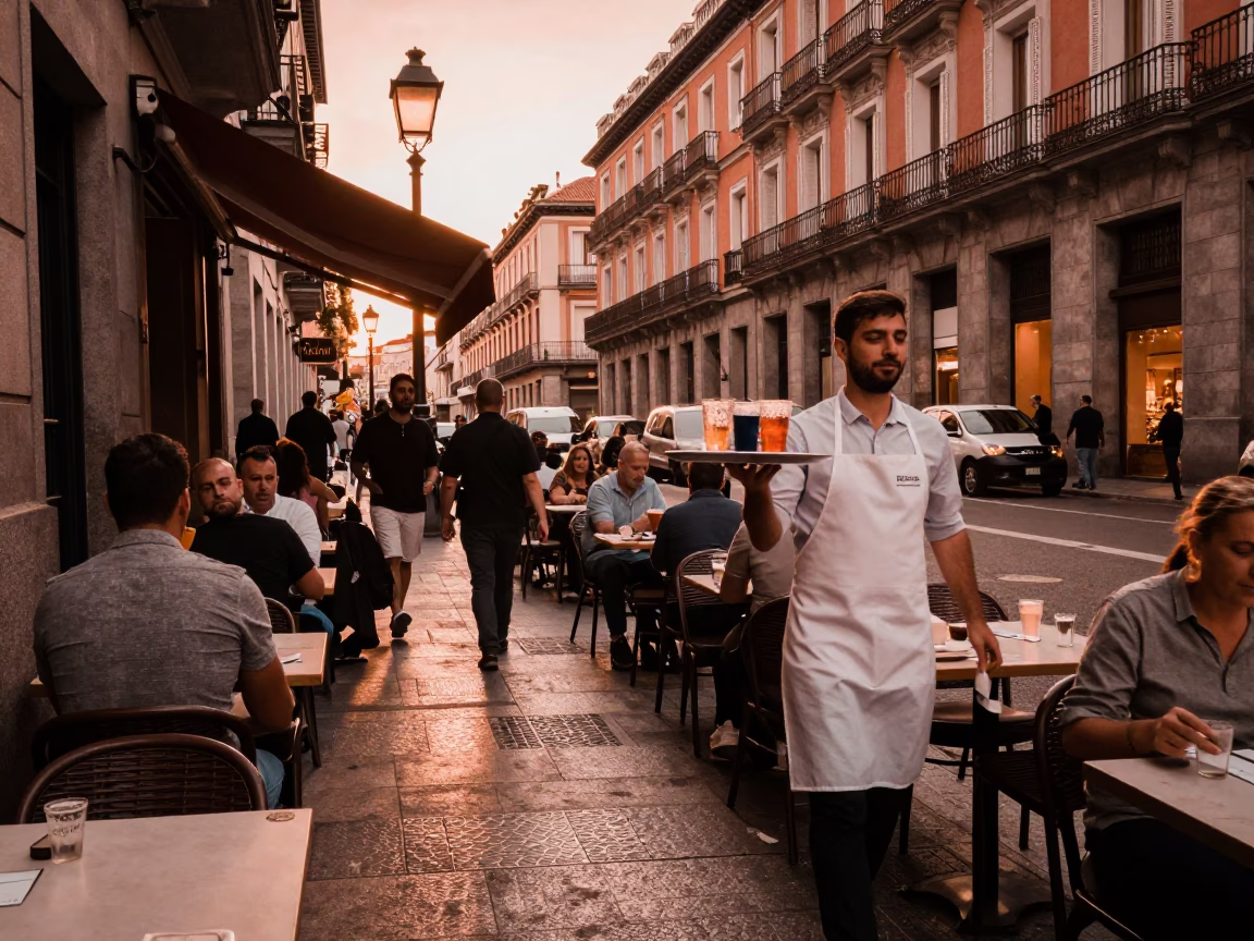 Busy Madrid Street Scene Before Dusk with Condensation on Pitcher Handle in in Madrid, Spain