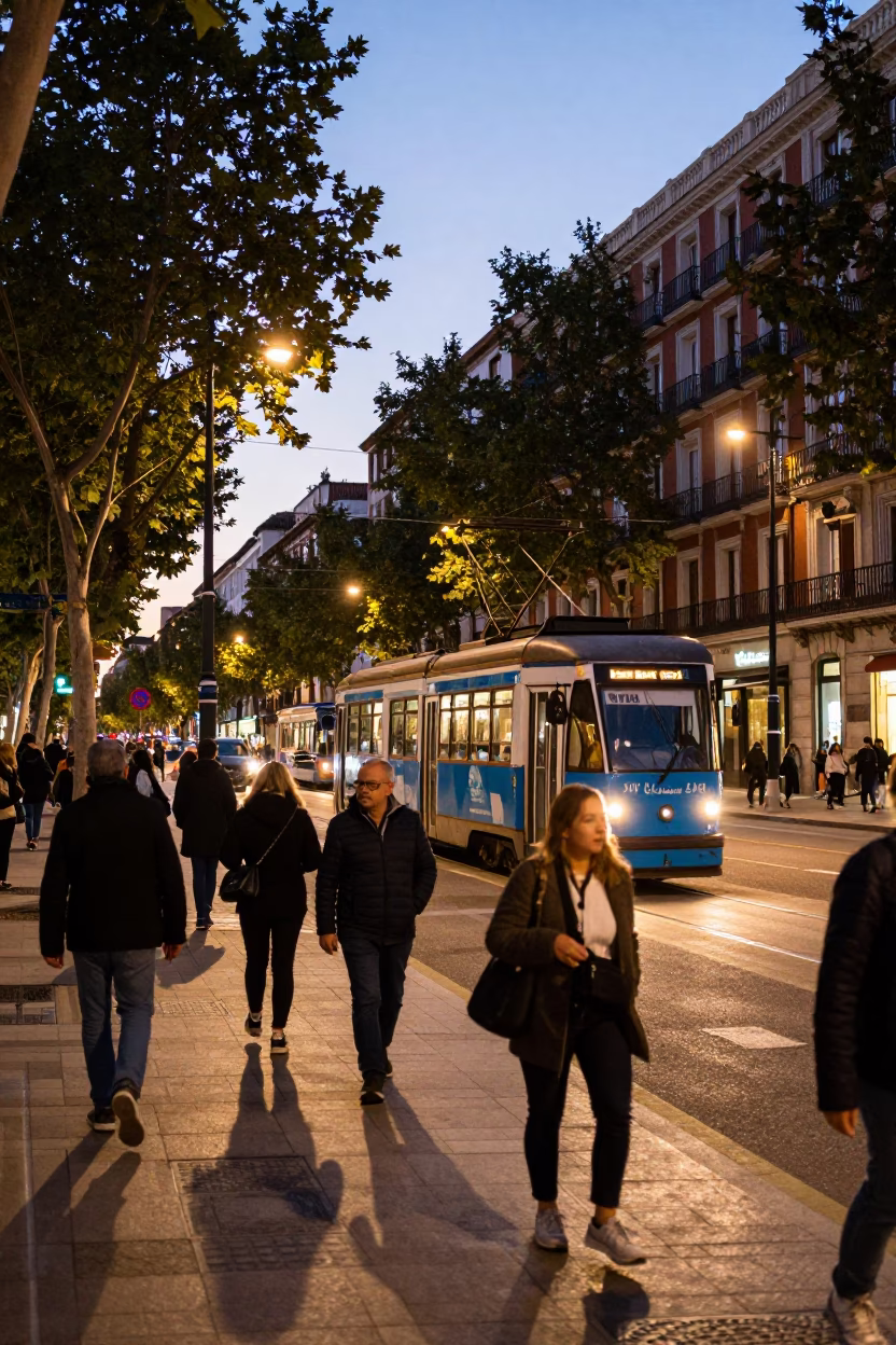 Busy Madrid Street Scene Early Evening with Tramcar and Bread Display in in Madrid, Spain
