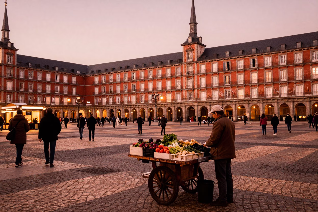 Busy Madrid Street Scene in Copper Dusk Light with Local Market Activity in in Madrid, Spain