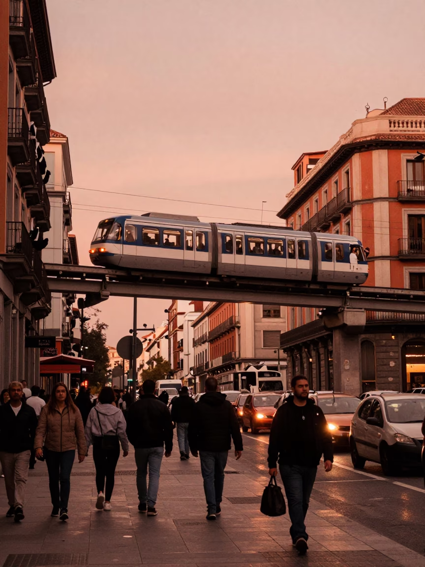 Busy Madrid Street Scene in Copper Dusk Light with Monorail and Local Life in in Madrid, Spain