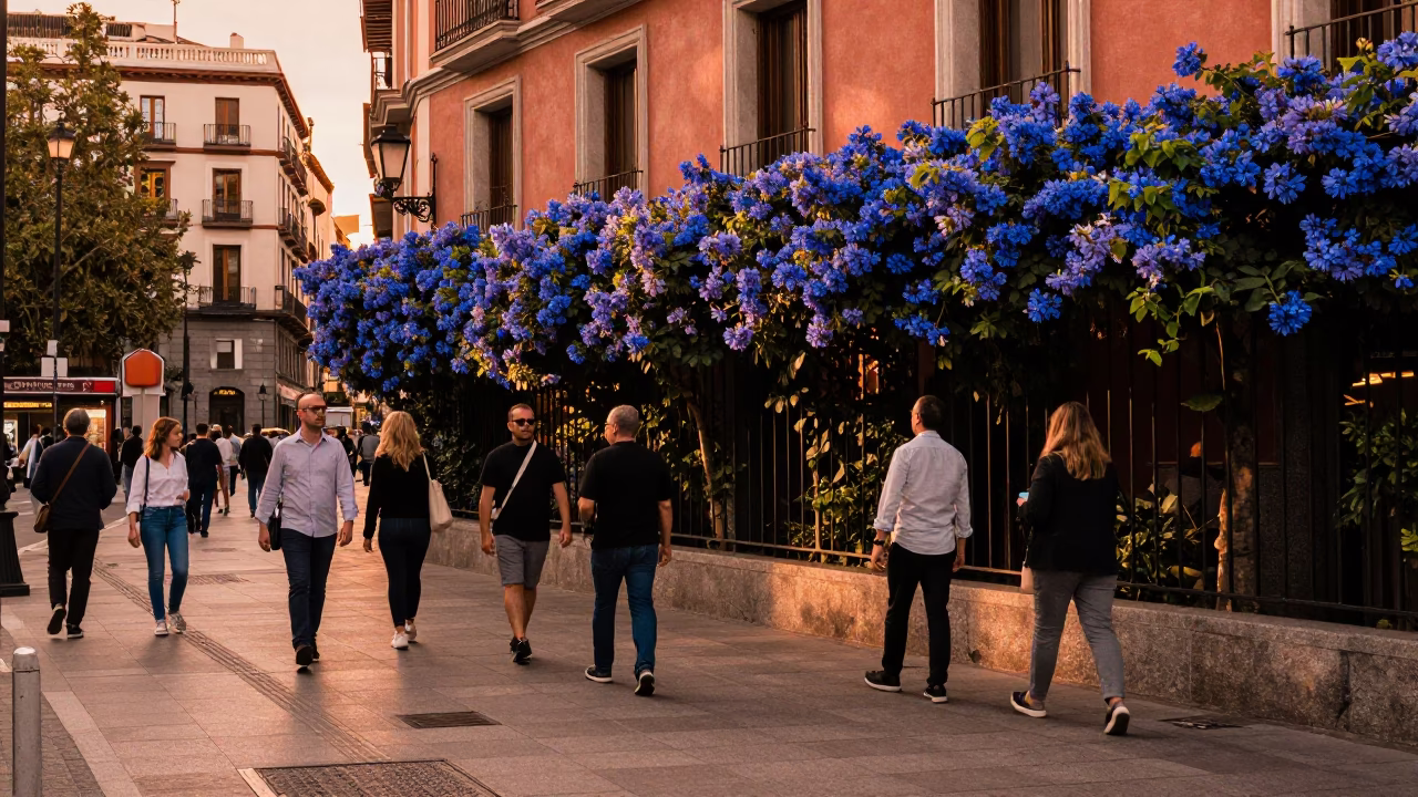 Busy Madrid Street Scene in Copper Toned Light Before Dusk With Plumbago Hedge in in Madrid, Spain