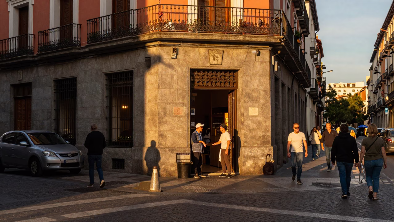 Busy Madrid Street Scene in Honeyed Evening Light with Patterned Rug and Pitcher in in Madrid, Spain