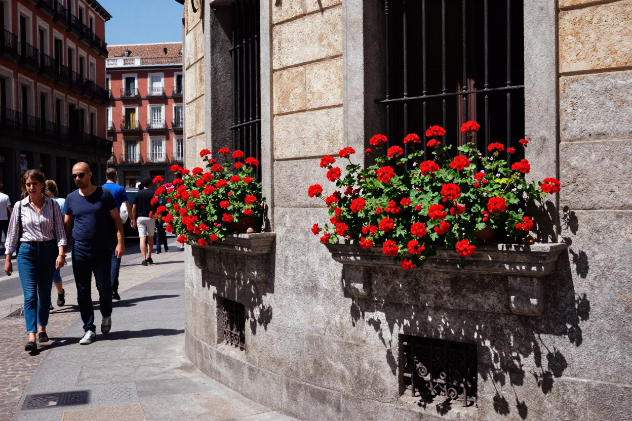 Busy Madrid Street Scene Under Flat Noon Glare with Geraniums and Local Life in in Madrid, Spain