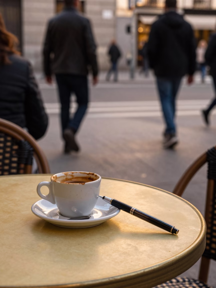 Busy Madrid Street Scene with Fountain Pen and Saucer in Honeyed Evening Light in in Madrid, Spain