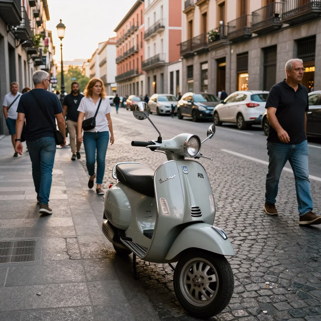Busy Madrid Street Scene with Vintage Vespa and Cobblestone Lane in in Madrid, Spain
