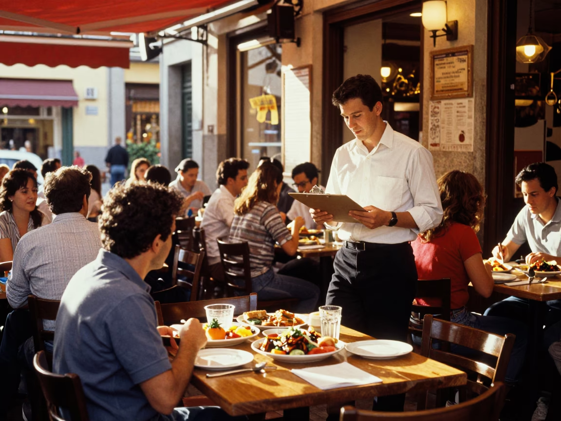 Busy Madrid Tapas Bar Afternoon Scene with Clipboard and Food in in Madrid, Spain