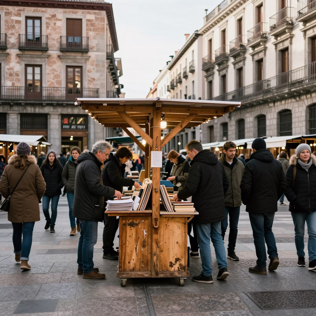 Busy Madrid Winter Noon Market Stall with Scuffed Wood and Metal Stools in in Madrid, Spain