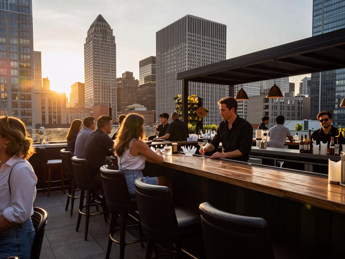 Busy Manhattan Rooftop Bar Golden Hour Scene with Patrons and Bar Stools in in New York, New York, United States