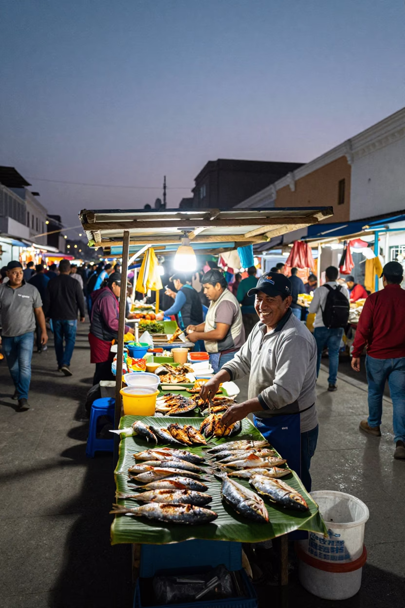 Busy Market in Lima at Twilight in in Lima, Peru