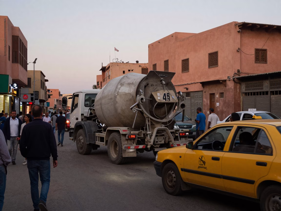 Busy Marrakech Evening Street Scene with Cement Mixer and Yellow Taxi in in Marrakech, Morocco
