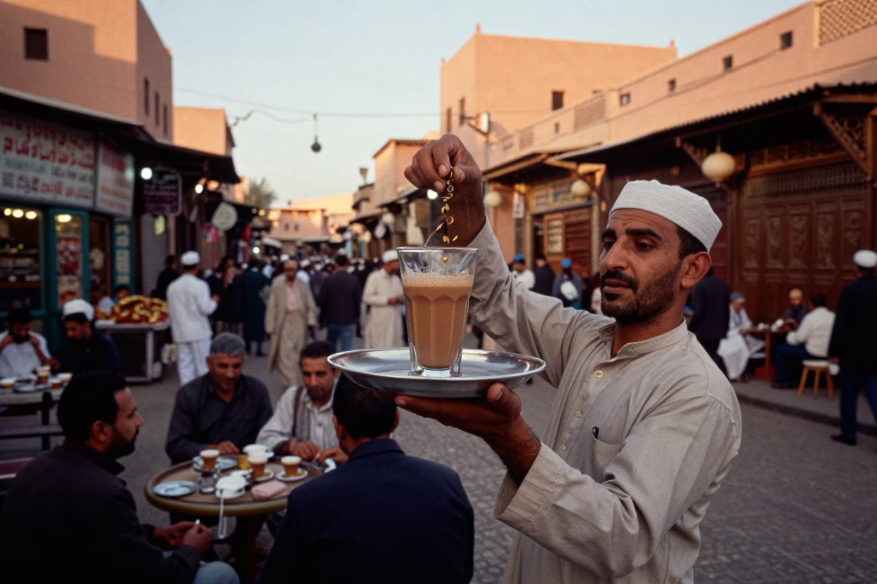 Busy Marrakech Evening Street Scene with Chai and Local Activity in in Marrakech, Morocco