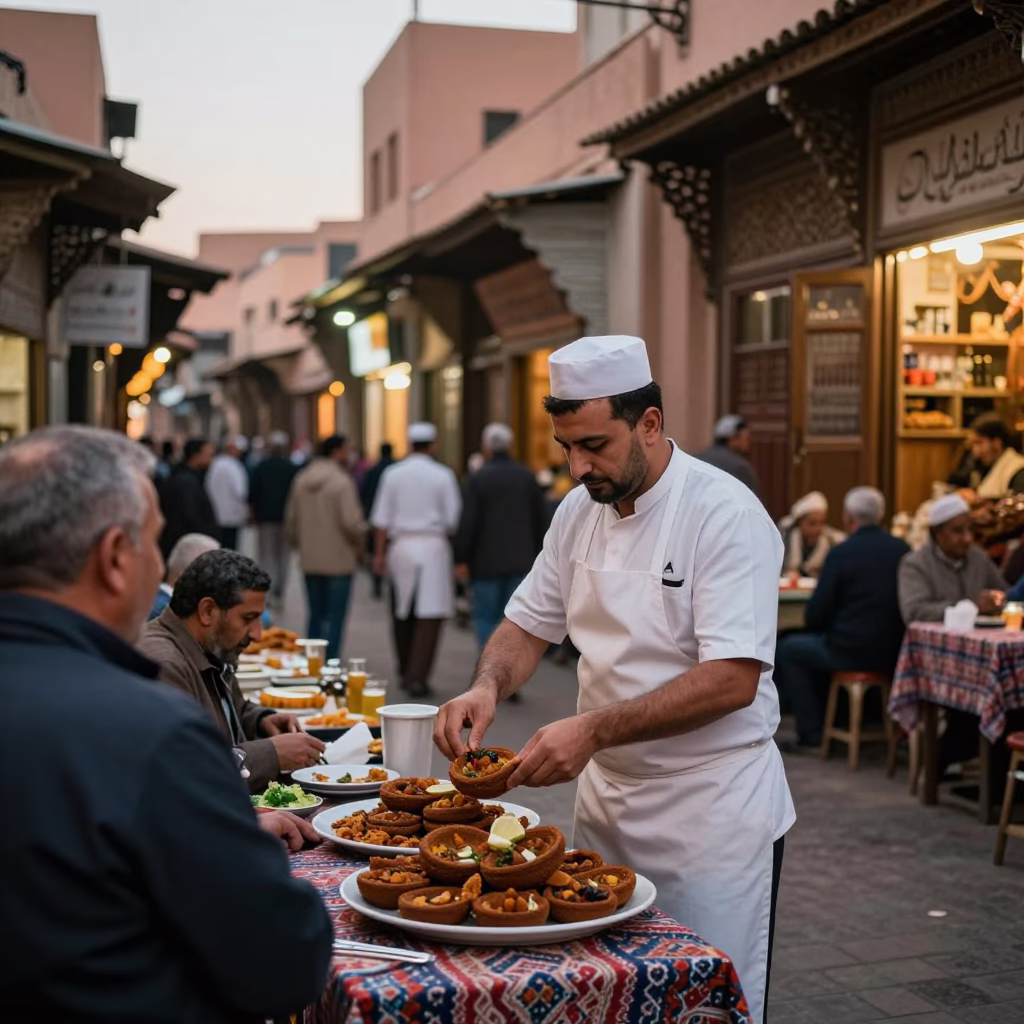 Busy Marrakech Evening Street Scene with Chef Plating Kibbeh in Traditional Souk in in Marrakech, Morocco