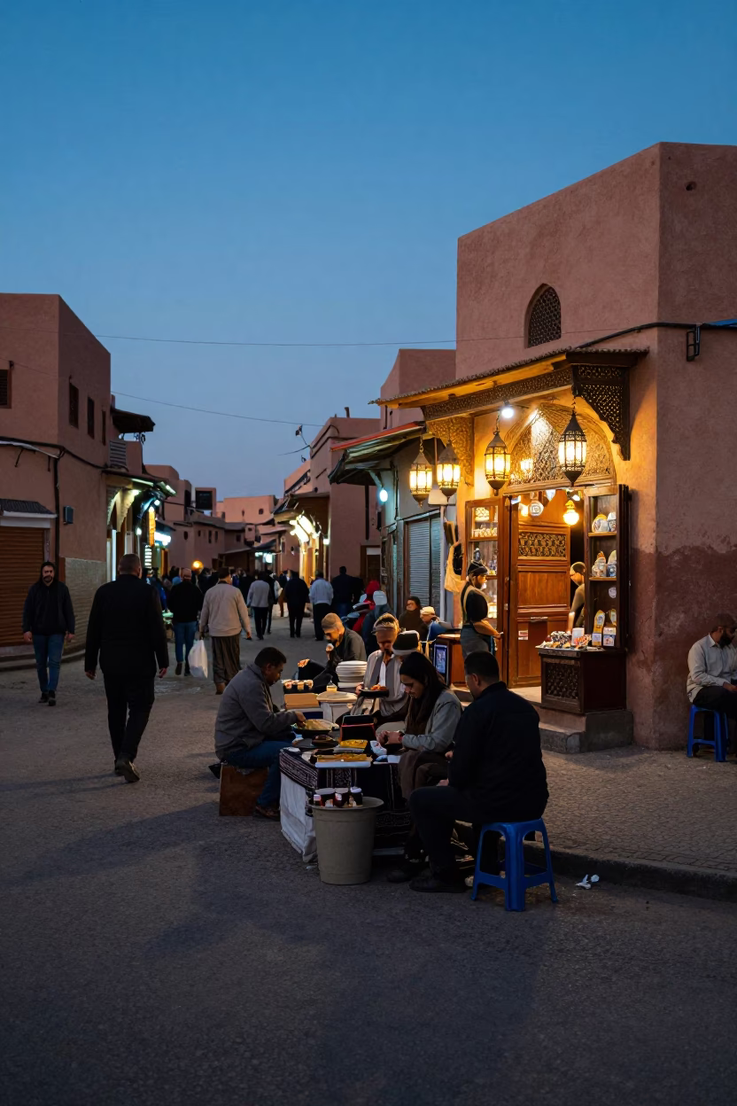 Busy Marrakech Evening Street Scene with Local Vendors and Traditional Architecture in in Marrakech, Morocco