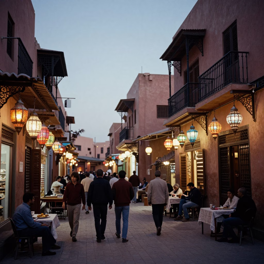 Busy Marrakech Evening Street Scene with Traditional Lanterns and Local Life in in Marrakech, Morocco