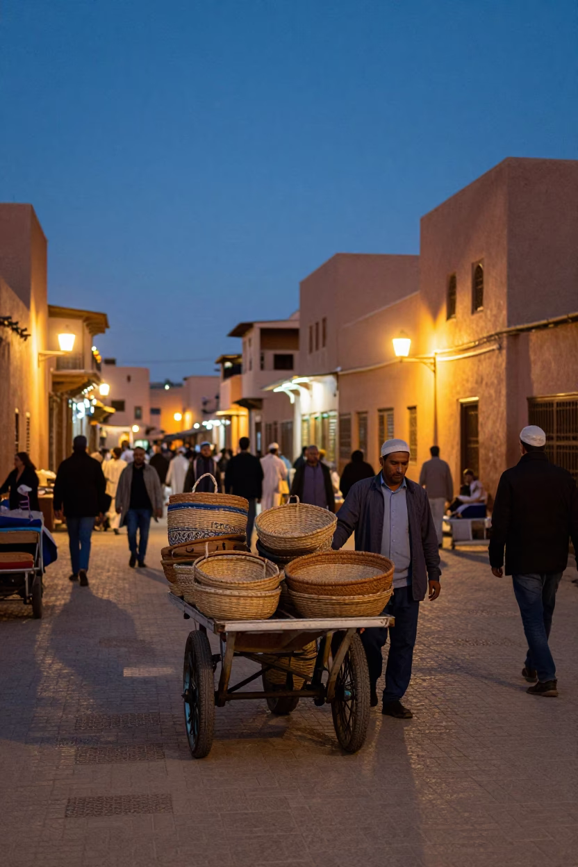 Busy Marrakech Indigo Twilight Street Scene with Rolling Carts and Local Commerce in in Marrakech, Morocco
