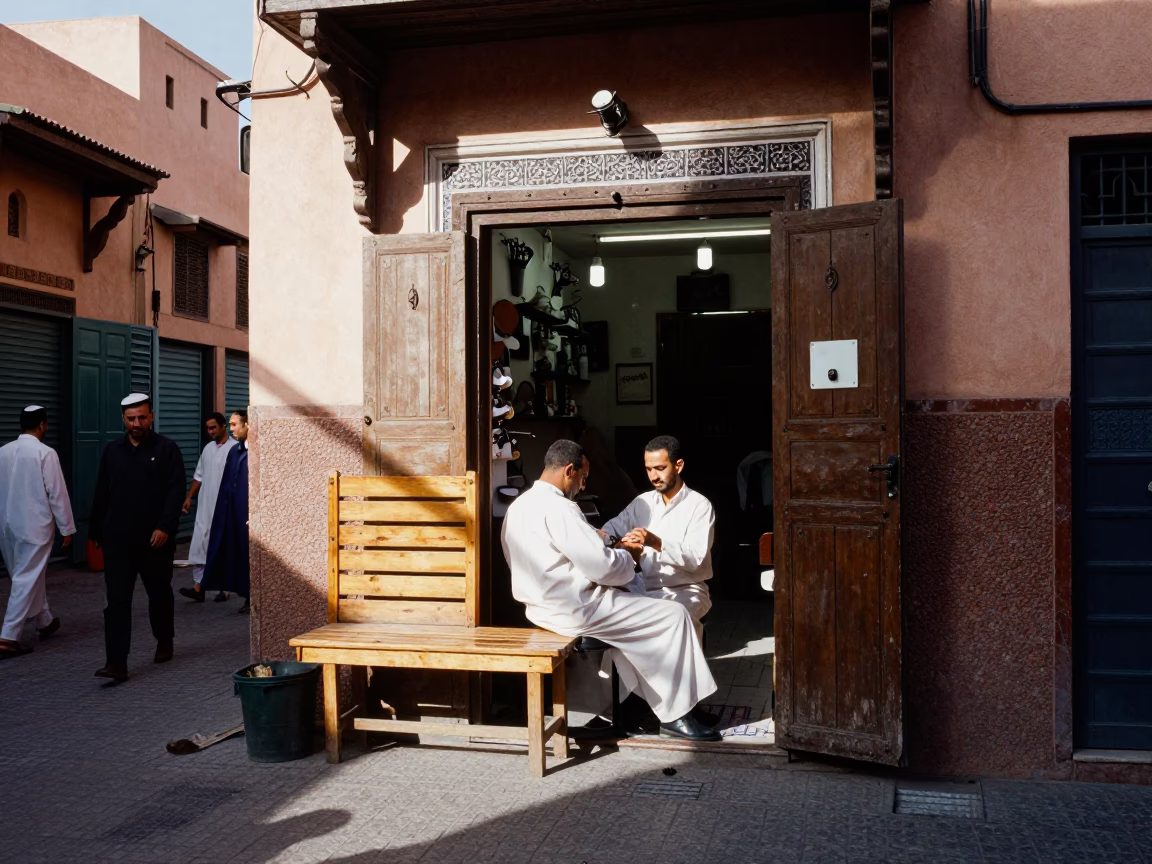 Busy Marrakech Medina Street Scene Early Afternoon with Barber Shave and Bougainvillea in in Marrakech, Morocco